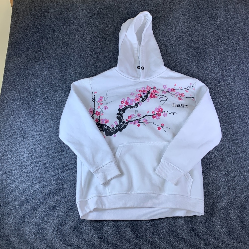 RGSTR Humanity Hoodie Womens Small White Cherry Blossom Graphic Fleece Lined